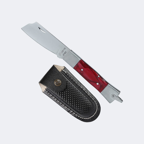 Cimo Stainless Steel Folding Knife, Stainless Steel and Red Acrylic Handle with Sheath - 320/7 I VM C/B