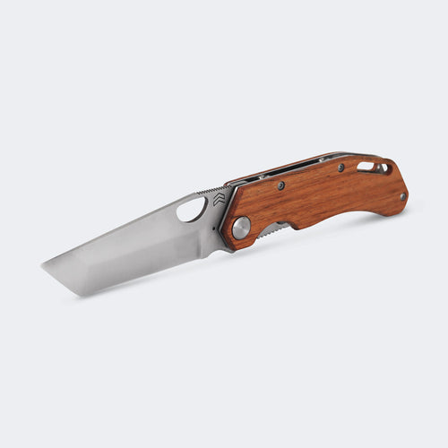 Cimo Brown Horse Tanto Stainless Steel Knife with Wooden Handle and Clip - BH85T