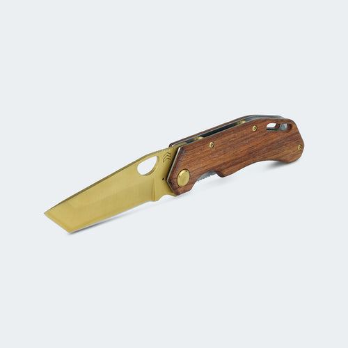 Cimo Brown Horse Tanto Gold Titanium Knife with Wooden Handle and Clip – BH85T-GTI