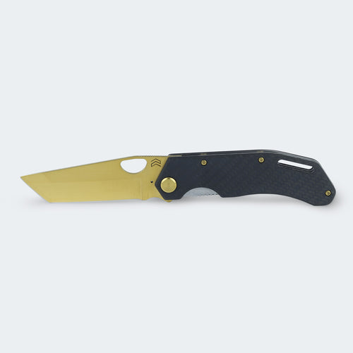 Cimo Eclipse Tanto Gold Titanium Carbon Fiber Pocket Knife with Clip - EC85T-GTI