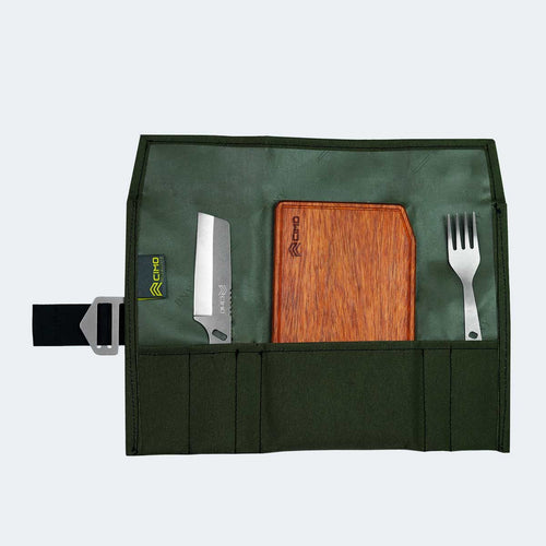 Cimo Travel Set with Cleaver Knife, Fork, Cutting Board, and Green Carry Bag - IC282V
