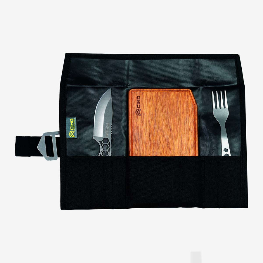 Cimo Travel Set with Point Knife, Fork, Cutting Board and Black Carry Bag - IC181P