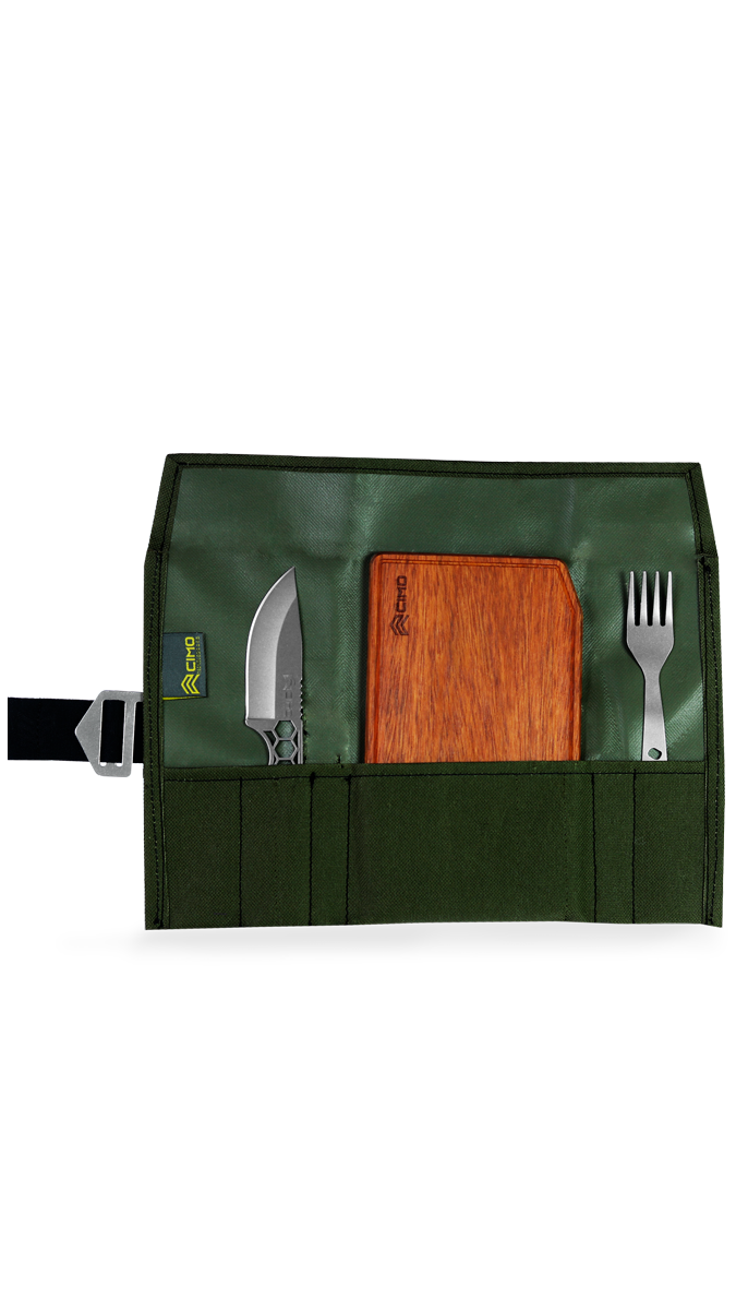 Cimo Travel Set with Point Knife, Fork, Cutting Board and Black Carry Bag - IC181P