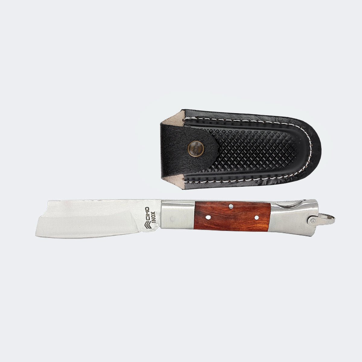 Cimo Stainless Steel Pocket Knife with Stainless Steel and Wood Handle, Lock, and Sheath - 320/7 I M SS C/B