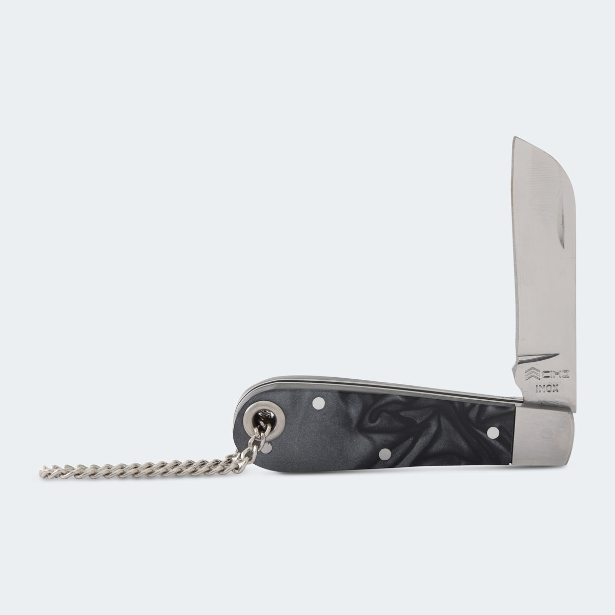 Cimo Stainless Steel Folding Knife with Black Acrylic Handle, Chain, and Sheath - 20/3 PT C/B