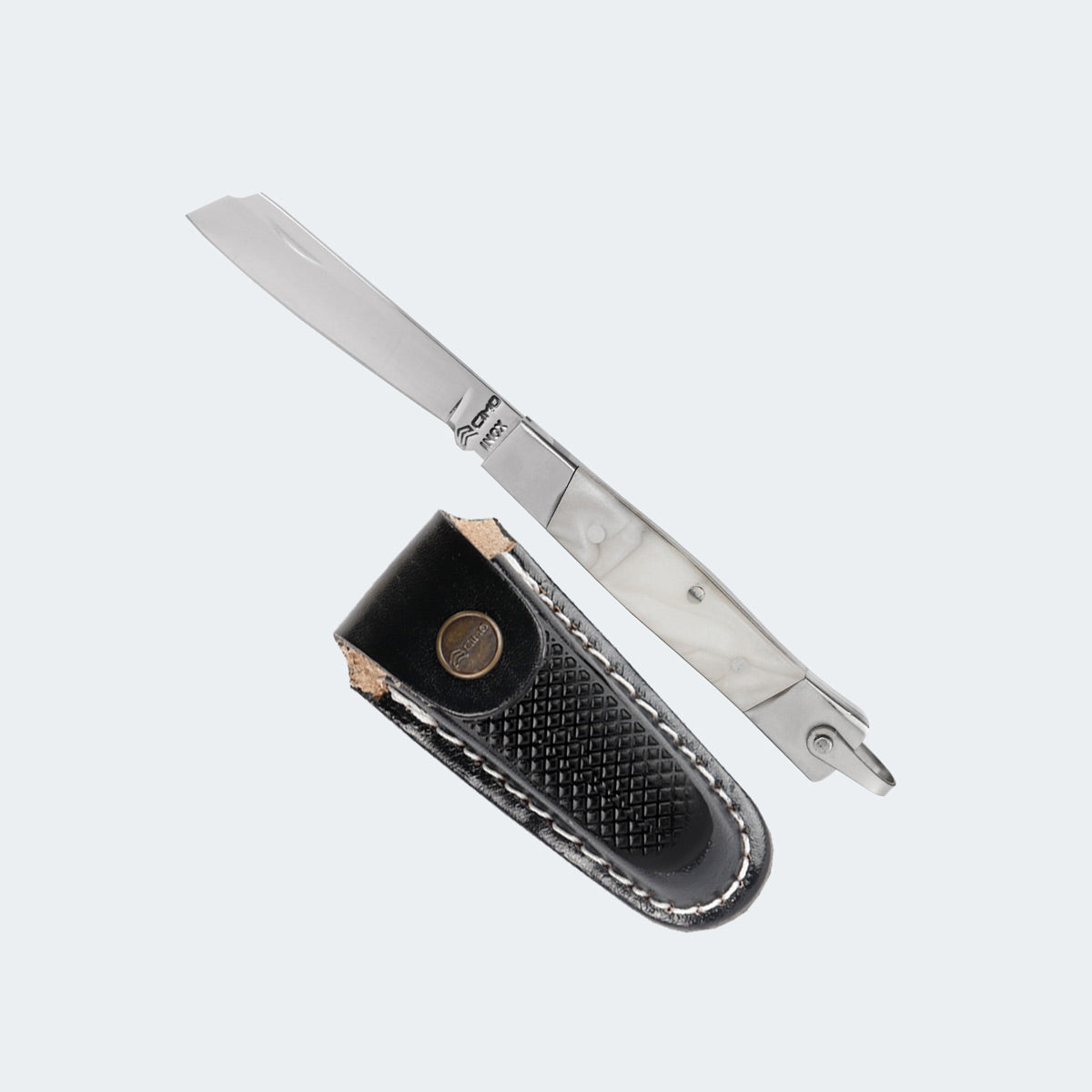 Cimo Stainless Steel Pocket Knife with Stainless Steel and White Acrylic Handle with Sheath - 330/5 I BC C/B