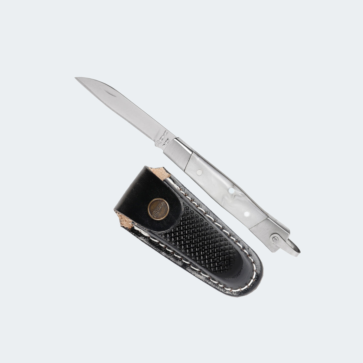 Cimo Stainless Steel Folding Knife, Stainless Steel and White Acrylic Handle with Sheath - 330/6 I BC C/B