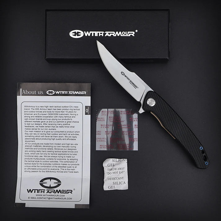 EDC Flint Black Knife With Armor – D2 Steel, Liner Lock, Black G10 Handle | Compact and Resistant