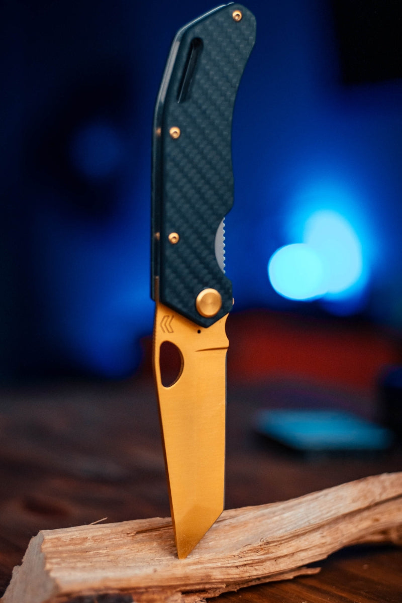 Cimo Eclipse Tanto Gold Titanium Carbon Fiber Pocket Knife with Clip - EC85T-GTI