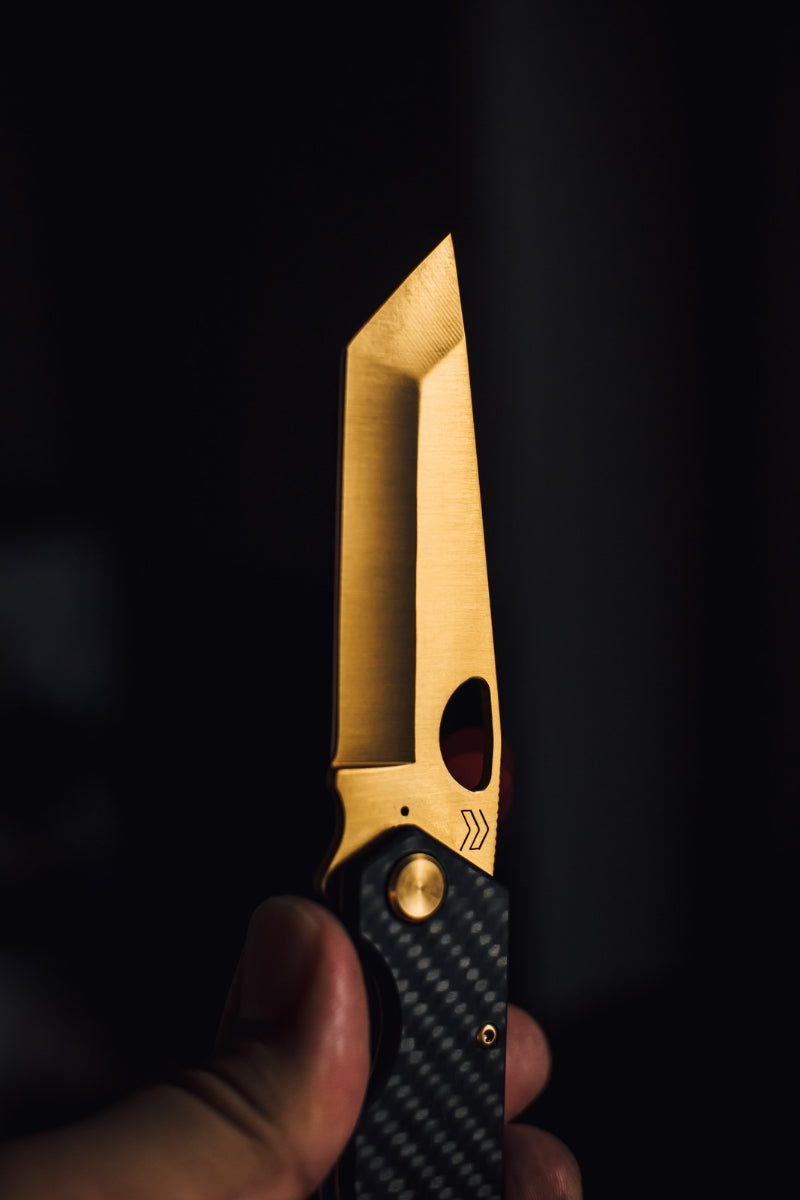 Cimo Eclipse Tanto Gold Titanium Carbon Fiber Pocket Knife with Clip - EC85T-GTI