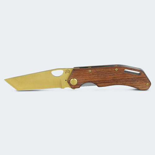 Cimo Brown Horse Tanto Gold Titanium Knife with Wooden Handle and Clip – BH85T-GTI