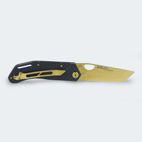 Cimo Eclipse Tanto Gold Titanium Carbon Fiber Pocket Knife with Clip - EC85T-GTI